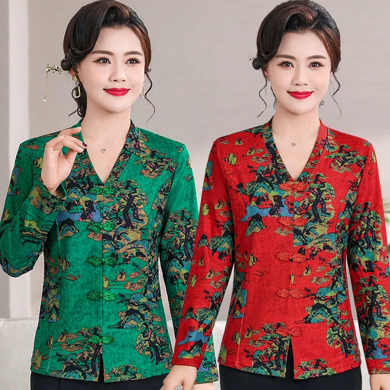 Модная мама осень новая нижняя рубашка рыхлый топ с длинными рукавами ретро среднего и пожилого возраста принт иностранная футболка женская