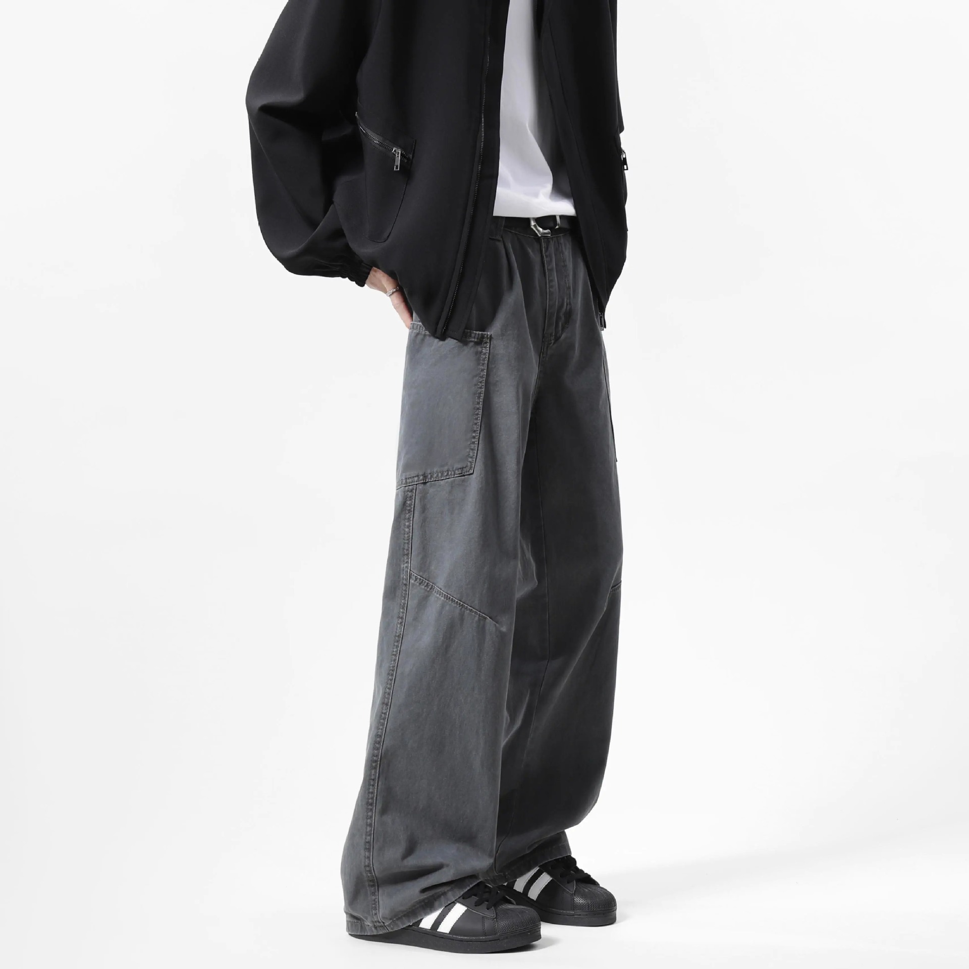 Men's Washed Cargo Pocket Wide Leg Jeans, American High Street Loose Straight Casual Trendy Versatile Denim Pants_mkmklike.com