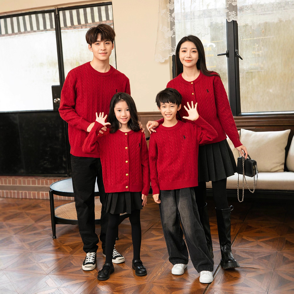 2025新款时尚韩版喜庆红色亲子装毛衣圆领开衫加厚长袖童装家庭装
