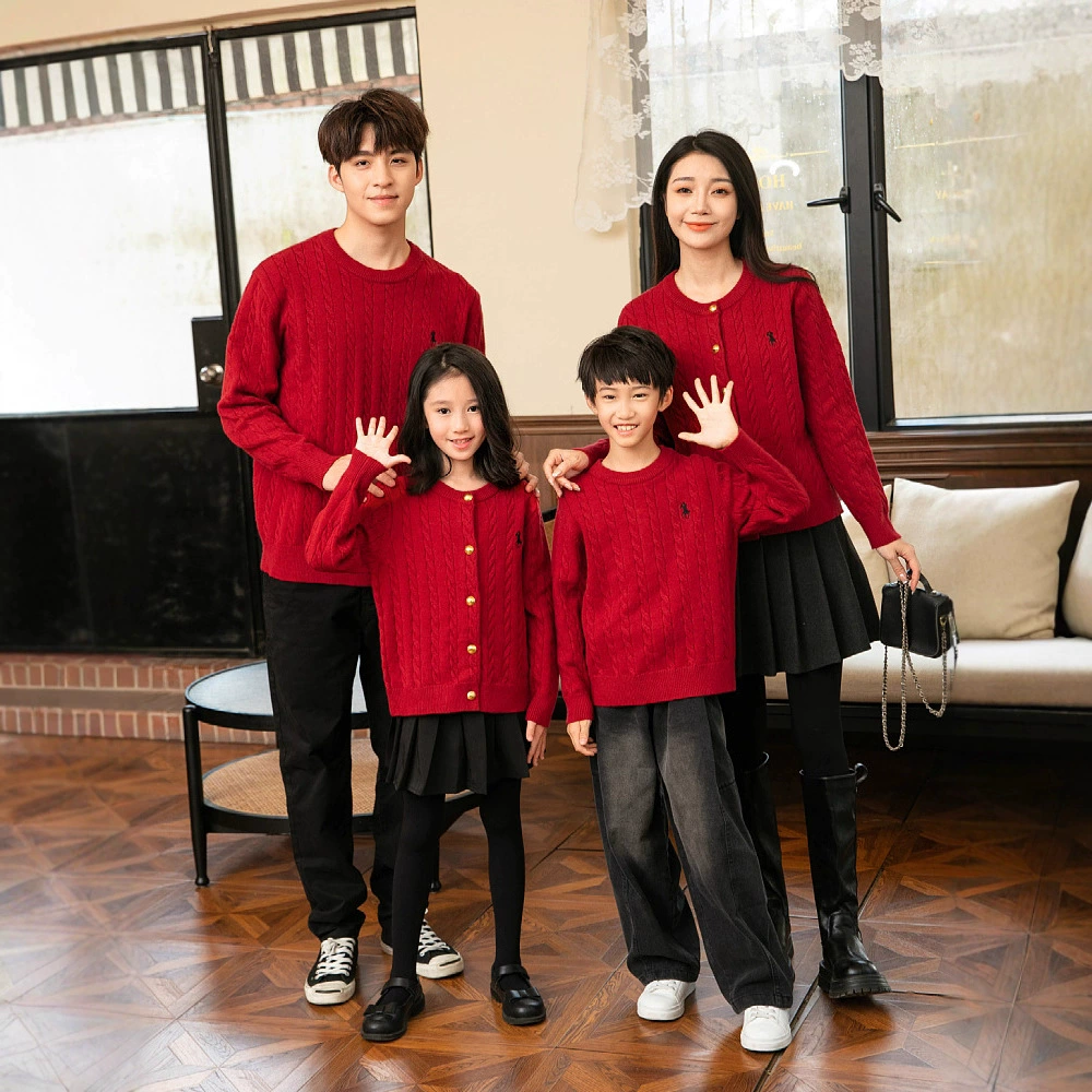 2025新款时尚韩版喜庆红色亲子装毛衣圆领开衫加厚长袖童装家庭装