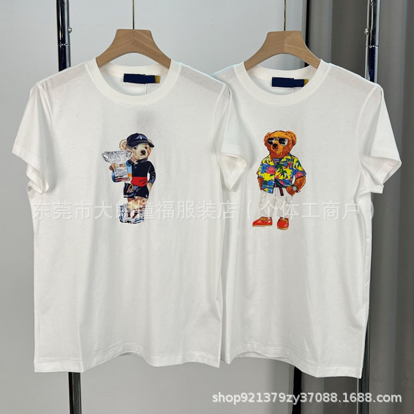 2025 Nanyou European Goods Spring and Summer New Heavy Embroider Patch Bear Round Neck Pure Cotton Black Short-Sleeved T-Shirt Casual