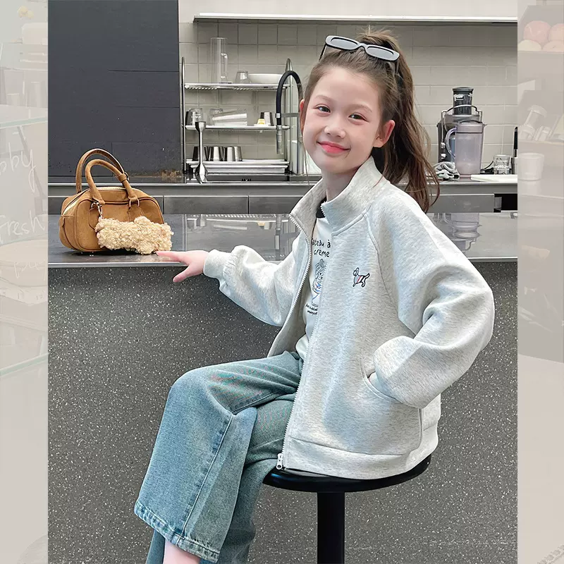 儿童立领运动外套女童洋气休闲开衫大童长袖上衣2025春秋装新款