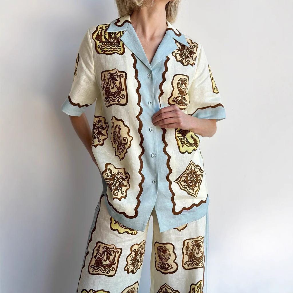 European American Cross-border 2024 New And Casual Fashion Versatile Linen With Suit Collar Shirt Set_ecoleips.com