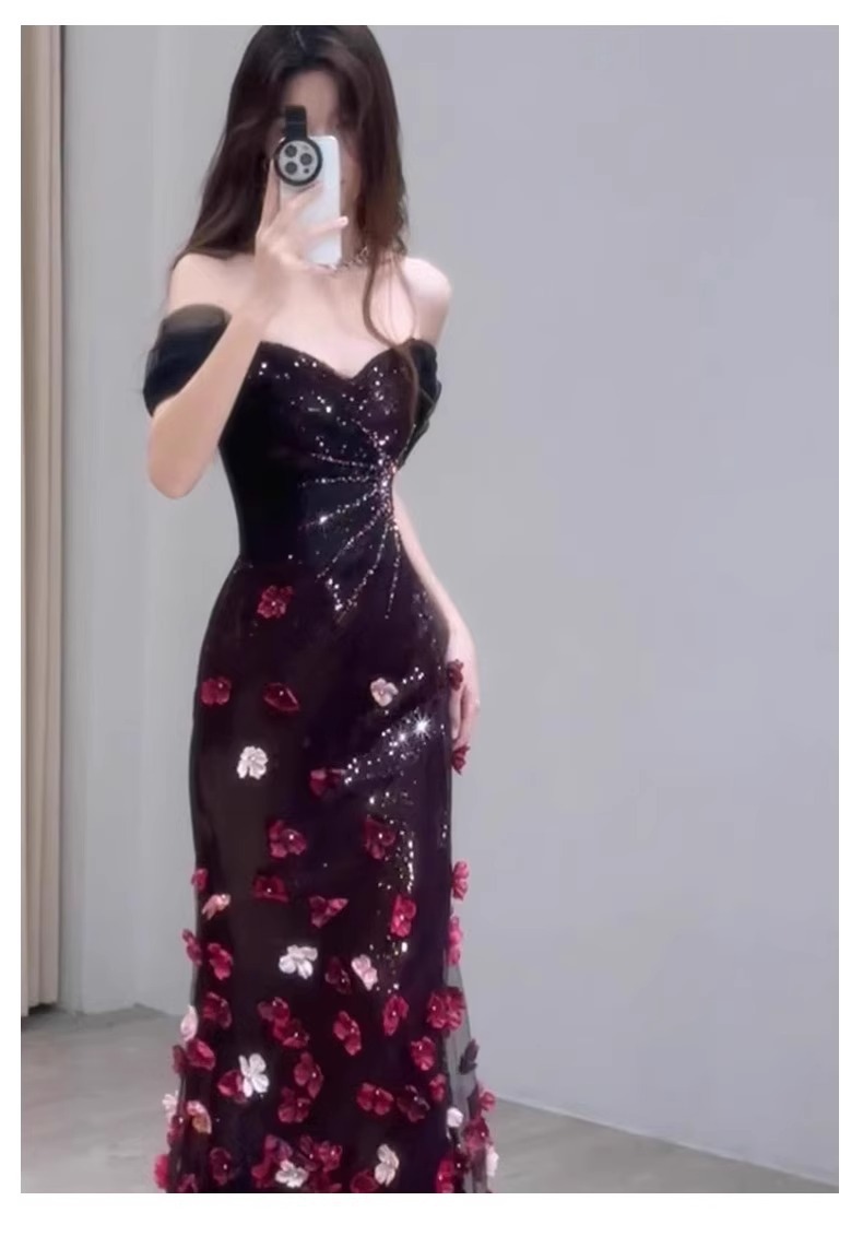 Off The Shoulder Bridal Toast Dress Floral Sequined Ethereal Beauty Mermaid Evening Gown For Engagement Party Hostess Style_ecoleips.com