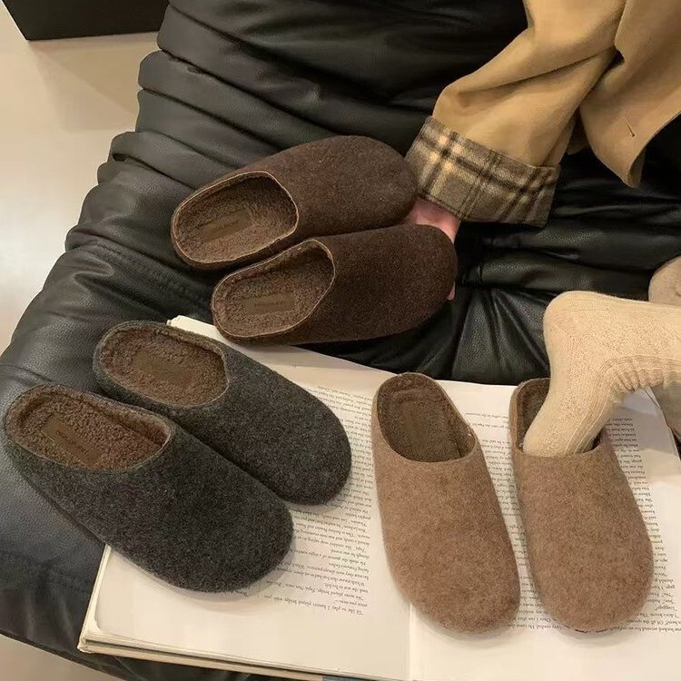 Thick-soled Birkenn Baotou Half Slippers for Women Outer Wear 2024 New Winter Pregnant Women Non-slip Retro Ugly Cute fleece-lined Slippers