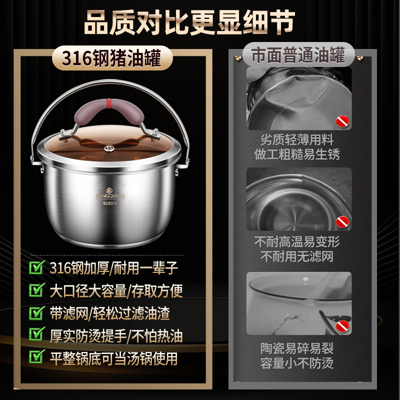 Tanque de aceite de cerdo de acero inoxidable Clang 316 con tapa Olla de escoria de aceite de filtro doméstico Tanque de condimento de cocina calefactable de gran capacidad