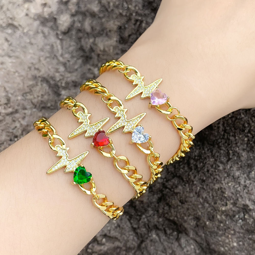 Fashion Electrocardiogram Heart Shape Copper Plating Inlay Zircon Bracelets 1 Piece