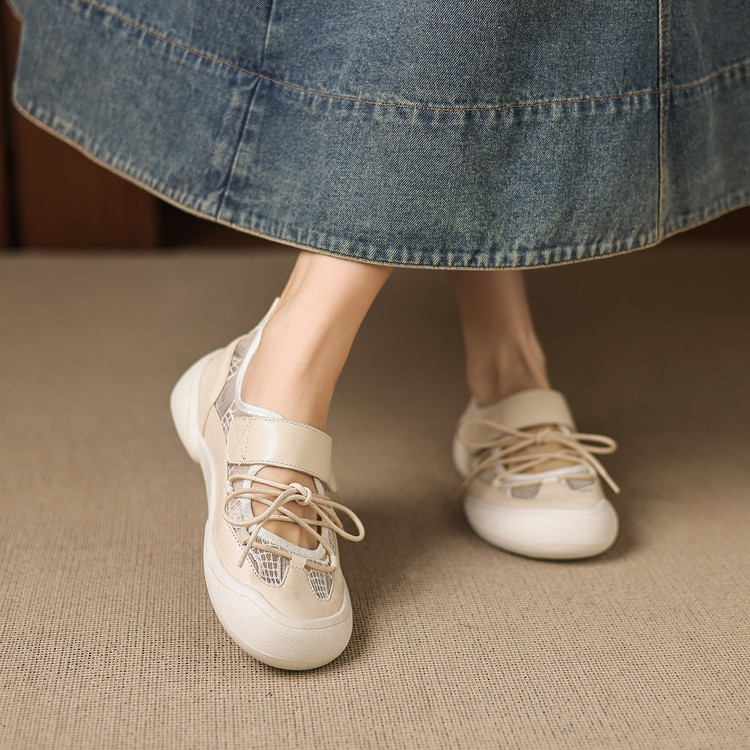 Giày sneaker nữ đế dày ren lưới phối màu cổ thấp — màu trắng ngà chi tiết 58