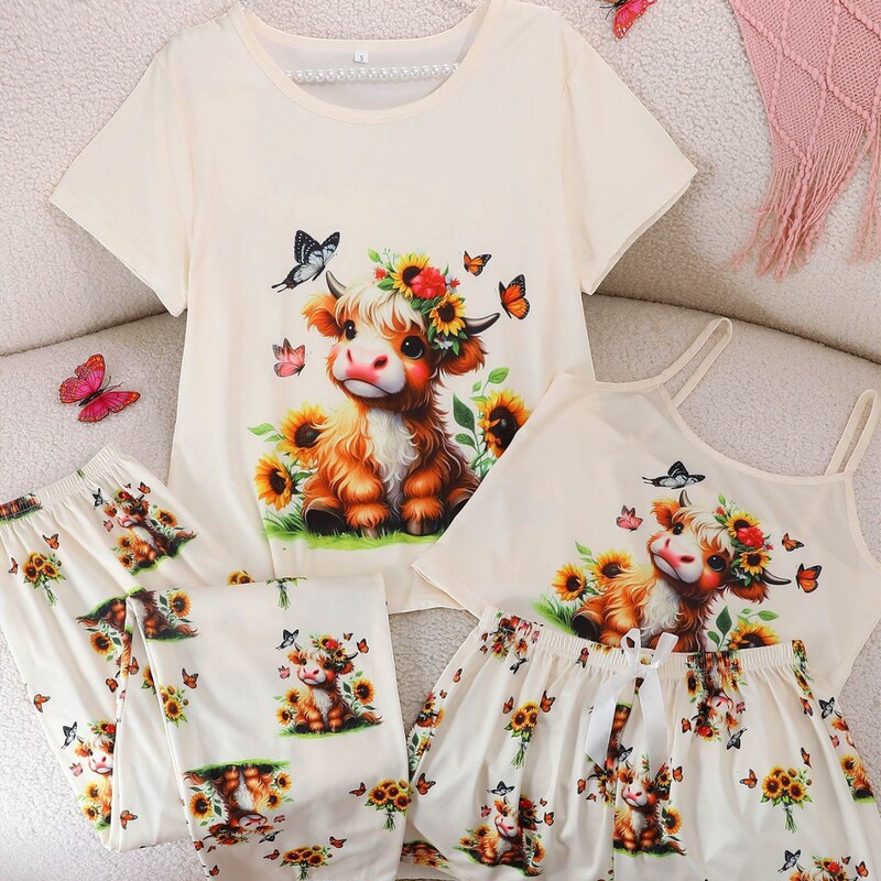 New Cross-Border Foreign Trade Women's Pajamas, Printed Round Neck Short-Sleeve Top, Camisole, Shorts, and Long Pants Four-Piece Set, European and American Style Loungewear
