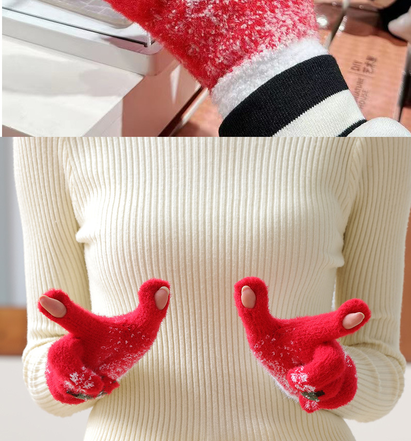 Warm gloves ladies winter dew finger touch screen with wool thickened knitting New Year Christmas red Korean version wholesale_voghion.com