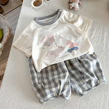 婴儿衣服套装夏季薄款2025男童宝宝儿童上衣卡通短袖条纹短裤 a类