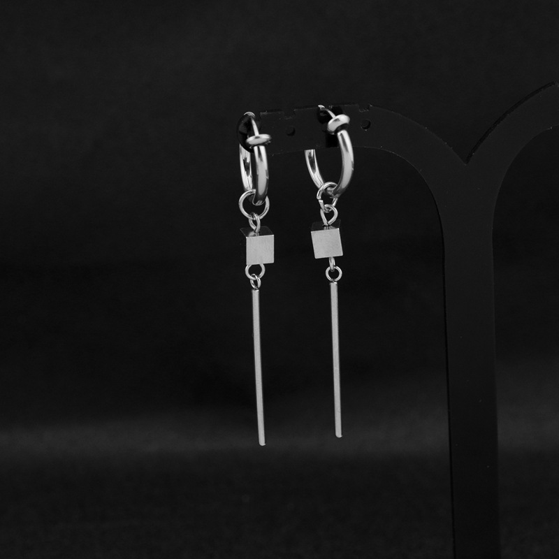 Boucles d'oreilles longues à clous pour hommes, en acier inoxydable, en forme de goutte carrée, style punk, bijoux inaltérables, parfaits pour les femmes au bureau._voghion.com