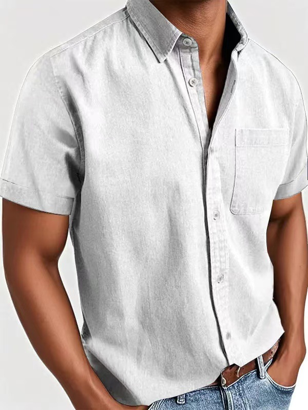 New 2022 Summer Street Style Shirt, Solid Color Washed Cardigan Short Sleeve Fashion Urban Turn-down Collar Men's Shirt_voghion.com