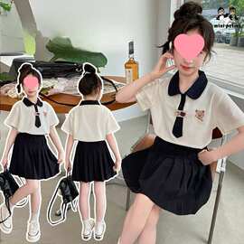女童套装裙子夏装夏季新款儿童洋气珠地棉短袖学院百褶裙两件套