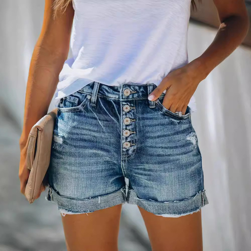 Popular High-Waisted Rolled Hem Denim Shorts