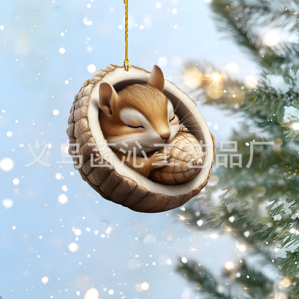 跨境新款树洞动物猫头鹰浣熊圣诞树装饰品2D平面汽车亚克力挂件