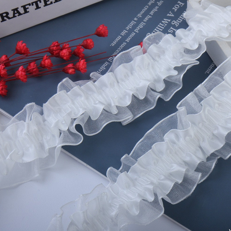 批发现货双层皱褶弹力蕾丝雪纱带装饰DIY材料娃衣发带松紧荷叶边