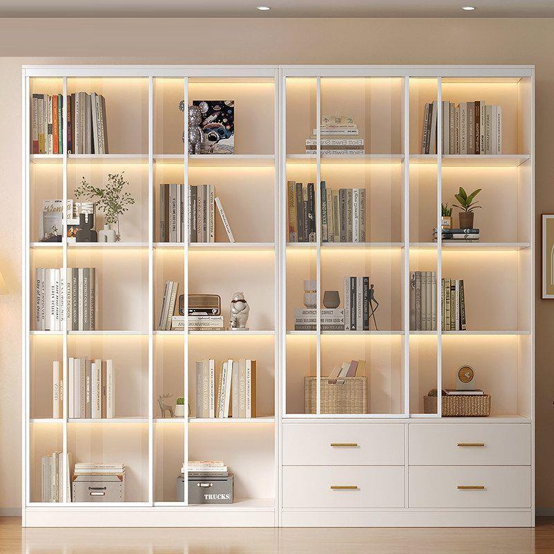Solid wood bookcase with sliding doors, floor-to-ceiling glass doors, white bookshelf, living room display cabinet, bookcase, and storage cabinet for figurines