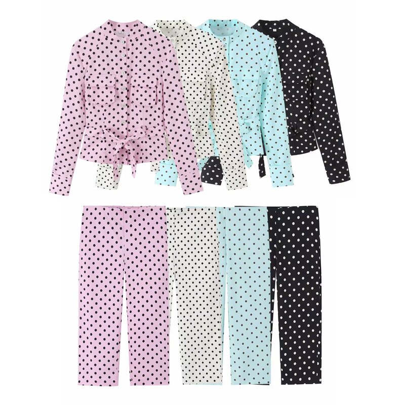 European and American Cross-Border Women's Clothing Wholesale Multi-Color Women's Polka Dot Shirt-Style Jacket High-Waisted Capri Pants Set European and American Cross-Border Women's Clothing Wholesale Multi-Color Women's Polka Dot Shirt-Style Jacket High-Waisted Capri Pants Set