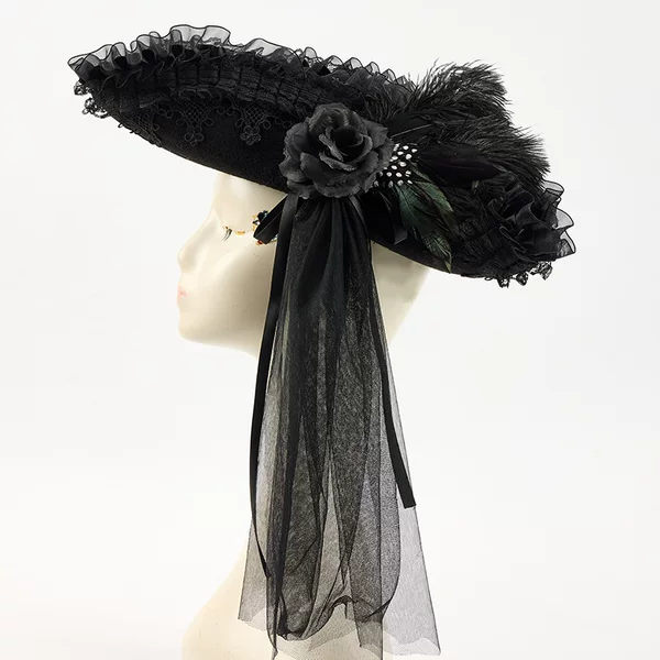 Cosplay Pirates of the Caribbean Captain Hat Halloween Party Dark Lace Mesh Feather Triangle Hat