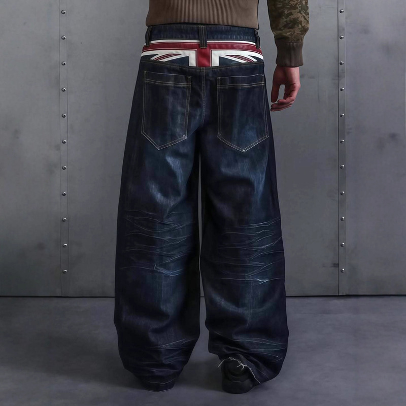 European and American Cross-Border American Style Fake Layered Design Creative Trendy Pleated Washed Blue Loose Straight Jeans