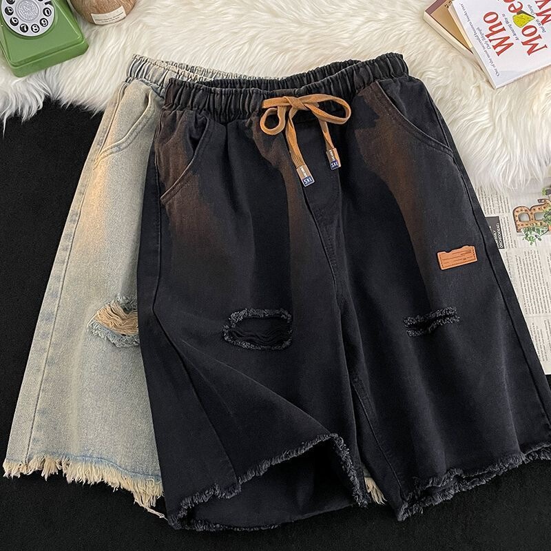 Summer Elastic Waist Denim Shorts for Men with Frayed Edges and Holes, Japanese Retro Trendy Casual Style, Stylish and Cool Thin Five-Point Pants Summer Elastic Waist Denim Shorts for Men with Frayed Edges and Holes, Japanese Retro Trendy Casual Style, Stylish and Cool Thin Five-Point Pants