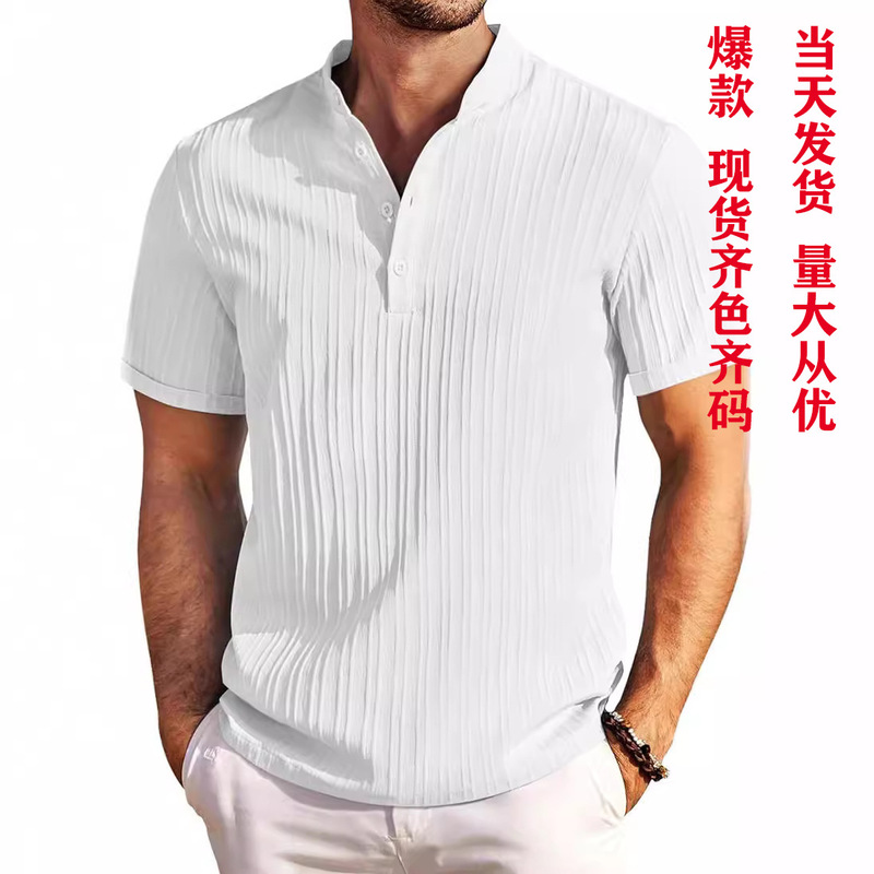 New Cross-border Amazon Wish2024 New Men's Retro Cotton and Linen Striped Henry Shirt Casual Loose Shirt