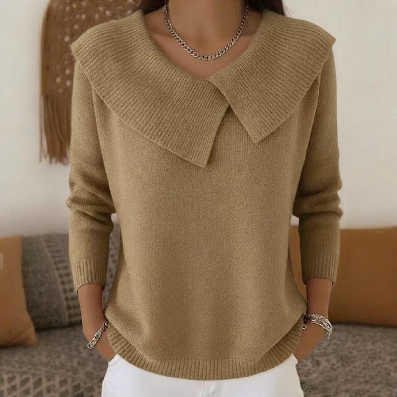 Women's Clothing Fashion Retro Slimming Collar Sweater For Women Style Versatile Knitwear Elegant Look For Formal & Casual For Women_ecoleips.com