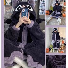 秋冬季睡衣少女珊瑚绒小蝙蝠卡通睡袍套装加厚法兰绒连帽家居服
