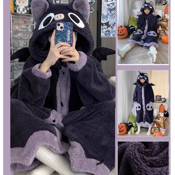 Autumn and Winter Pajamas Girl's Coral Fleece Bat Cartoon Nightgown suit Thickened Flannel Hooded Home Clothes