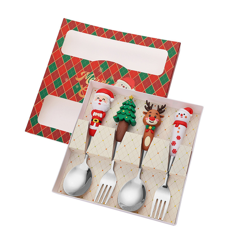 新しいクリスマス人形スプーンとフォークかわいい楽しいサンタクロースクリスマスツリーゴールデンクリスマスフォークとスプーン食器セット|undefined