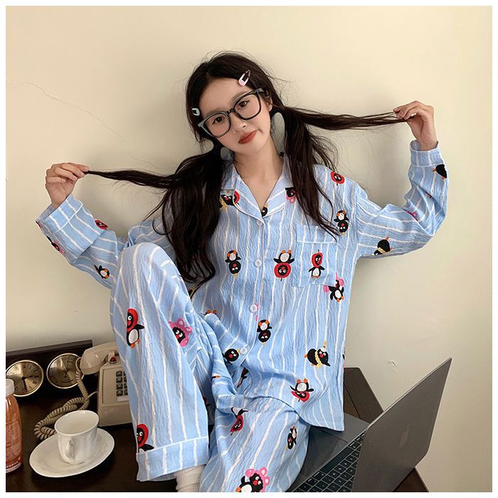 Al por mayor transfronterizo primavera y otoño nuevo pijama de mujer nubes de algodón con solapa cardigan de manga larga pantalones dulces set de ropa para el hogar