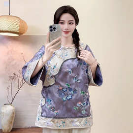 2025新款新中式国风缎面外套女女民族风复古刺绣盘扣加里衬上衣