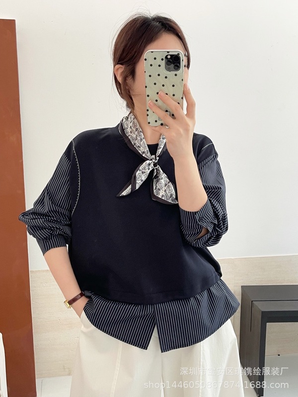 琪镌绘制早秋2025新款高级条纹衬衫拼接假两件女装长袖卫衣85173|undefined