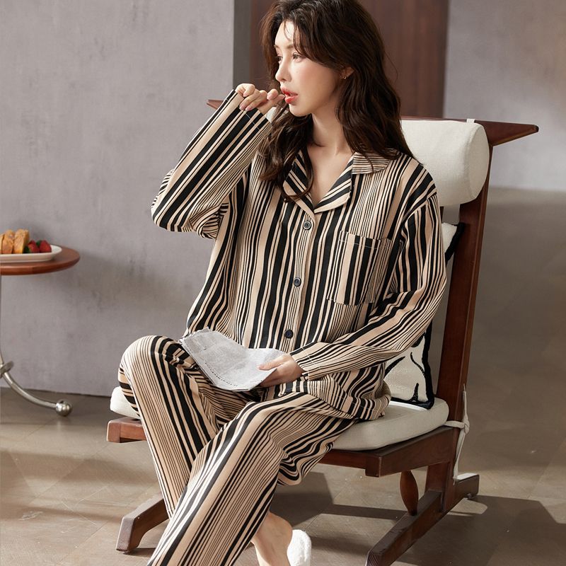 Al por mayor transfronterizo primavera y otoño nuevo pijama de algodón mujer casual cardigan con solapa de dos piezas con cojín de pecho general