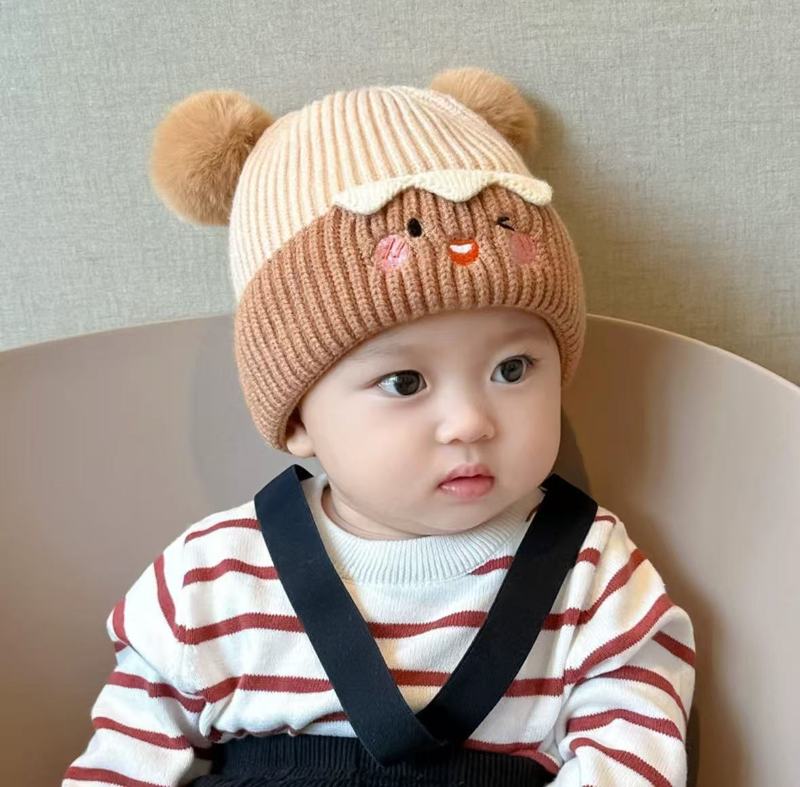 宝宝帽子秋冬季可爱毛球套头帽婴幼儿针织毛线加厚护耳男女超萌潮|undefined