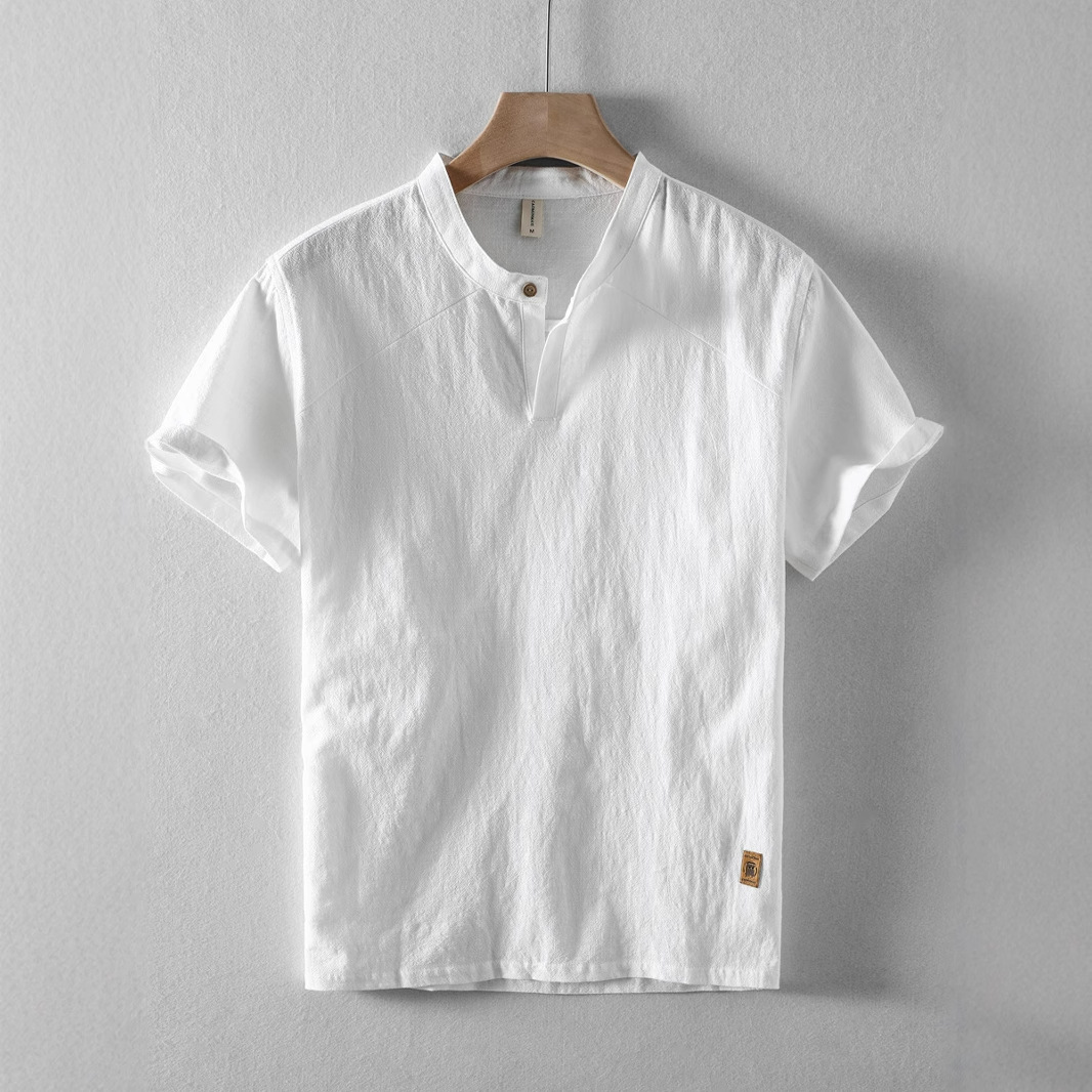 Wholesale New Summer Men's Short-Sleeved Linen Shirts Chinese Style Casual Stand-Up Collar Cotton and Linen Quarter-Sleeved Shirts Willow Branches