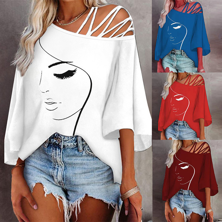 New wholesale Amazon independent station spring and summer European and American fashion stitching loose slant collar casual top printed t-shirt