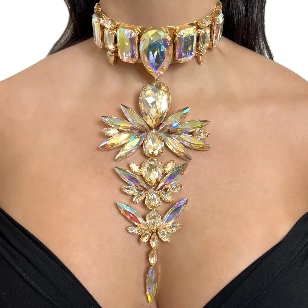 歐美新款誇張幾何吊墜項鍊個性滿鑽水鑽頸鏈宴會配飾necklace
