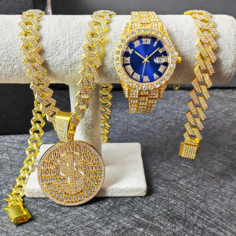 Men's Cuban Link Bracelet With Colorful Diamond Setting Gold Plated_voghion.com
