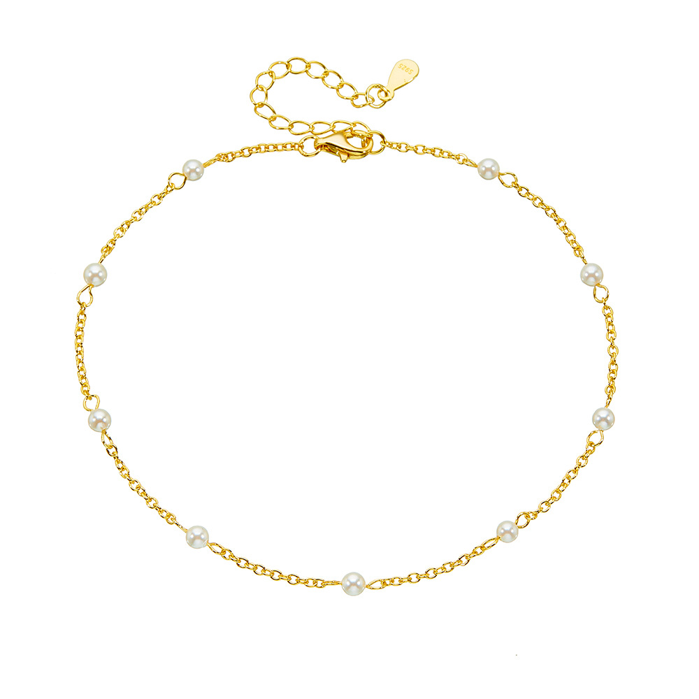 S925 plata de ley chapada en oro 14K perla con cuentas tobillera mujer europea y americana transfronteriza simple moda 3mm cuentas joyas para pies