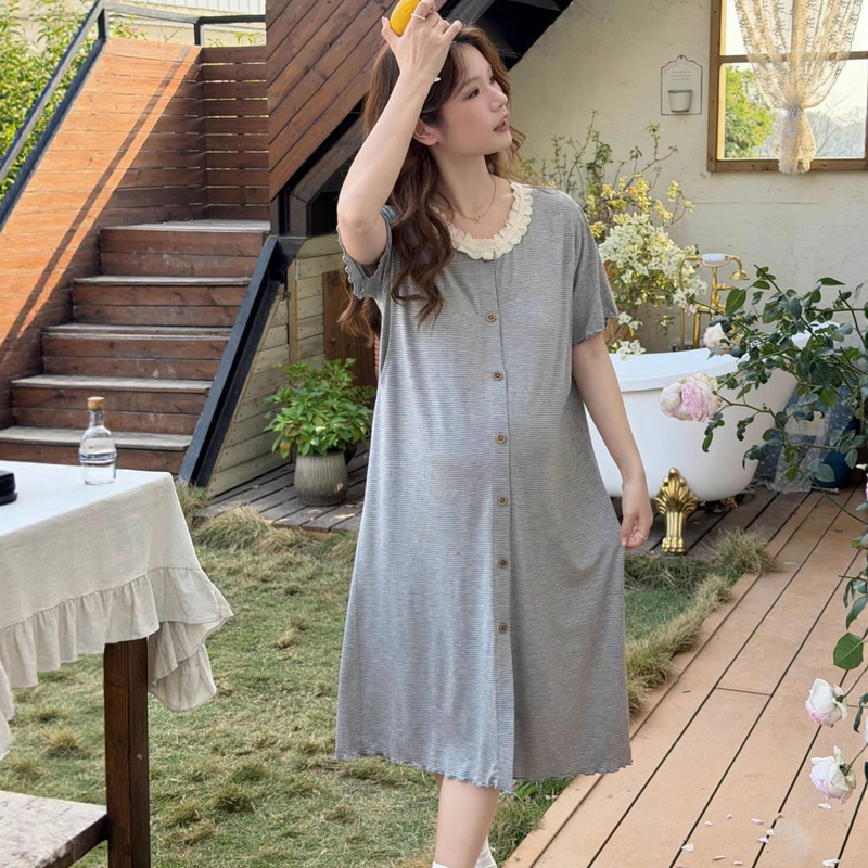 [in Stock 88216] Maternity Striped Short-Sleeved Nightgown for Women, Summer Mid-Length Dress, Modal Cotton with Chest Pads, Home Dress
