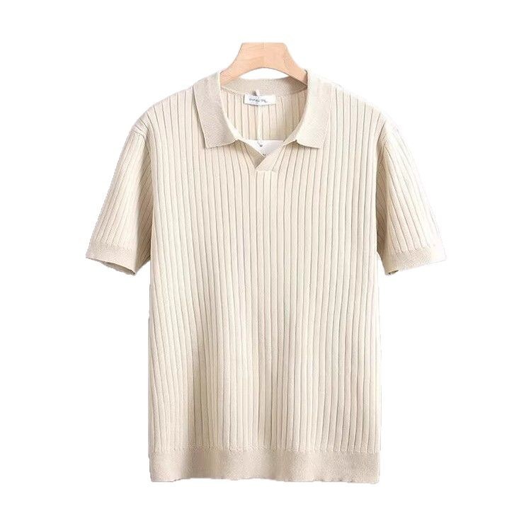 Polo de punto a rayas para hombre, cuello tipo tijera, corte ajustado, estilo casual de negocios, ligero, suéter de manga corta transfronterizo.