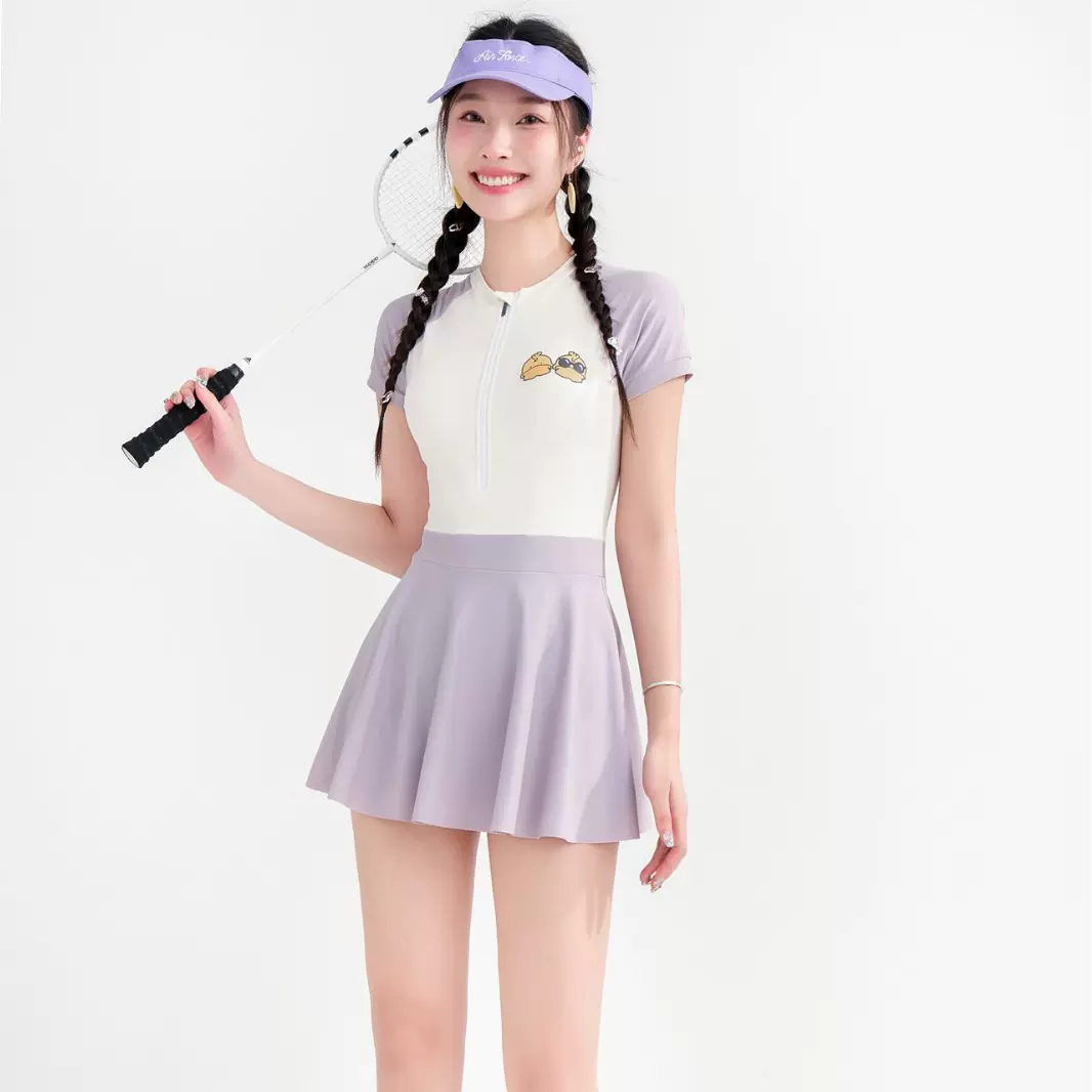 度假休闲风泳衣时尚拼色温泉泳装大码女款遮肉显瘦泳装连体百褶裙