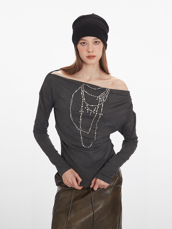 HeyHenry ネックレス アメリカン ワンラインカラー 長袖 Tシャツ レディース 秋 斜め肩 アメリカン スリムフィット ホットガール服|undefined