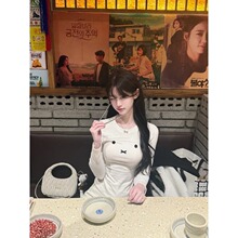 甜美可爱印花白色打底衫T恤女春季日系减龄修身显瘦内搭长袖上衣