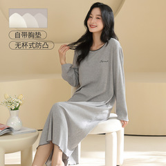 7030彩棉螺纹带胸垫睡裙女秋季长裤长款连衣裙休闲宽松少女可外穿