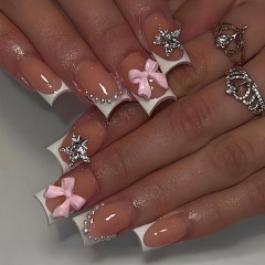 白色法式双星珍珠欧美穿戴甲跨境高级感美甲甲片pressonnails甲片