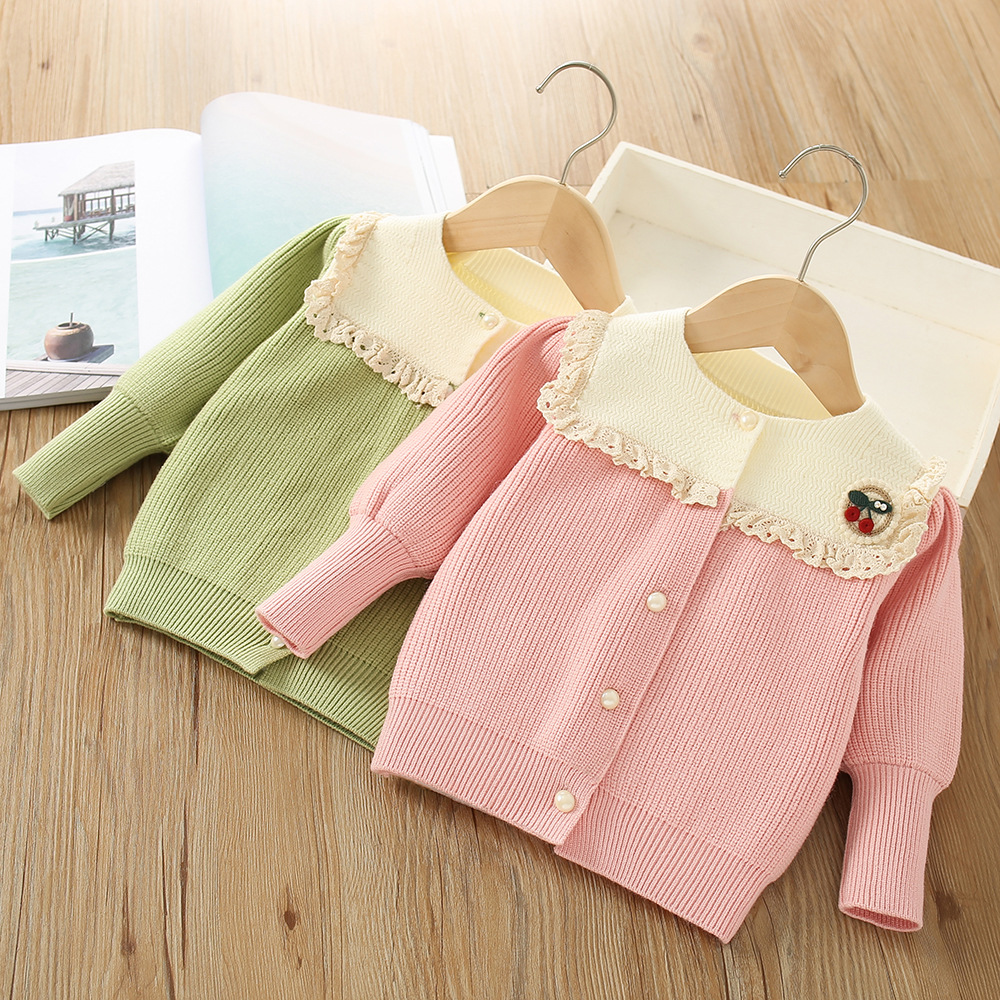 Girls' Sweater Cardigan 2023 Autumn/Winter New Western Style Little Girl Lace Solid Color Children's Knitted Shirt Top_voghion.com