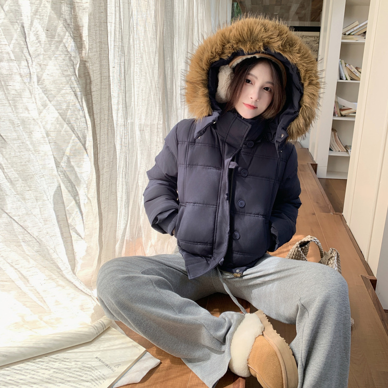 外贸2025冬季新款连帽棉衣棉服显瘦韩版洋气简约大毛领短款外套女|undefined